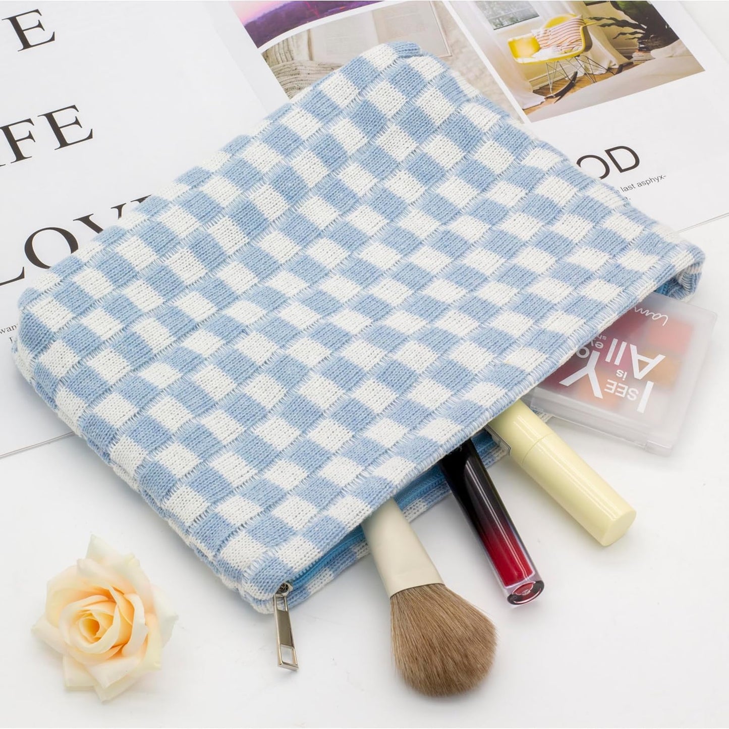 PAZIMIIK Knit Checkered Makeup Bag Large Zipper Make Up Accessory Pouch for Purse Cosmetic Brush Bag for Travel Essential,Blue