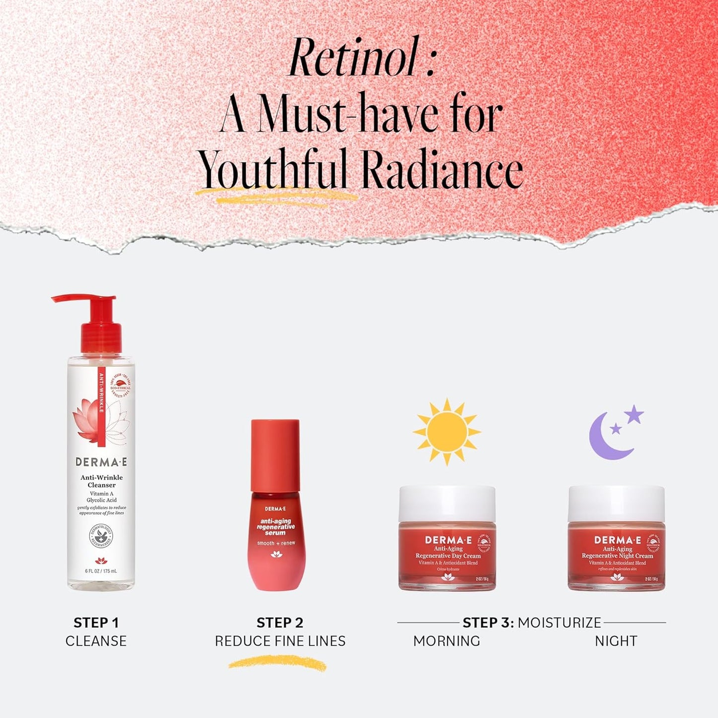 DERMA E Face Serum, Anti Aging Regenerative Retinol Serum for Face, 1 Fl Oz, Vitamin A, Bakuchiol, Glycolic Acid, Green Tea Extract, Helps Reduce Appearance of Fine Lines and Wrinkles