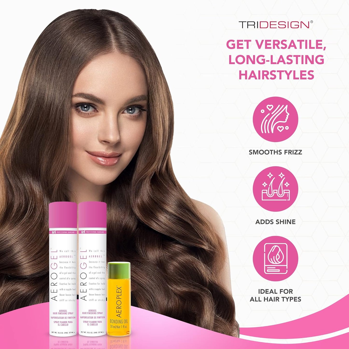 TRI Design Aerogel Hairspray & Aeroplex Bonding Oil Bundle - Hair Finishing Spray for Volumizing, Control, Repair & Prevent Breakage for Dry, Damaged & Frizzy Hair - Pack of 3 (10.5 Oz & 1 Oz)