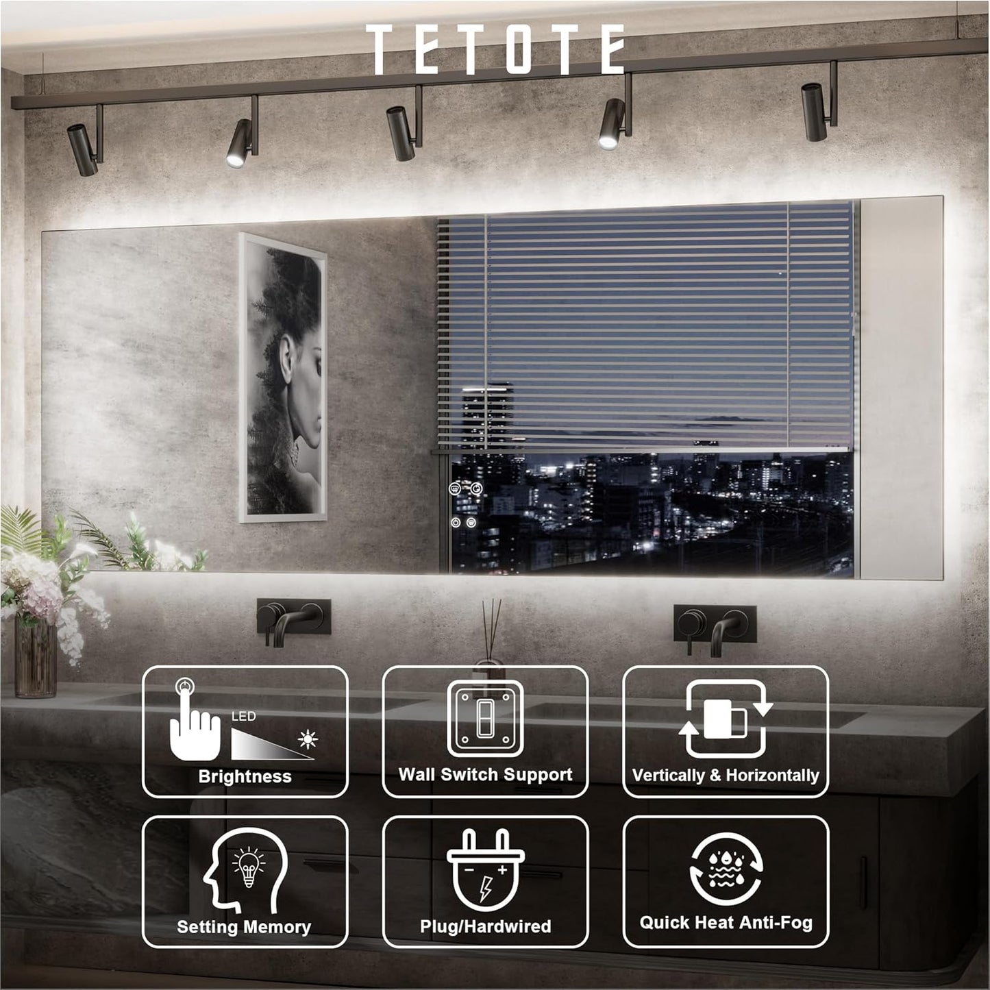 TETOTE 84 x 32 Inch LED Backlit Bathroom Mirror with Lights,Anti-Fog,Dimmable Lighted Mirror(Horizontal/Vertical) Wall Mounted Vanity Mordern Mirror