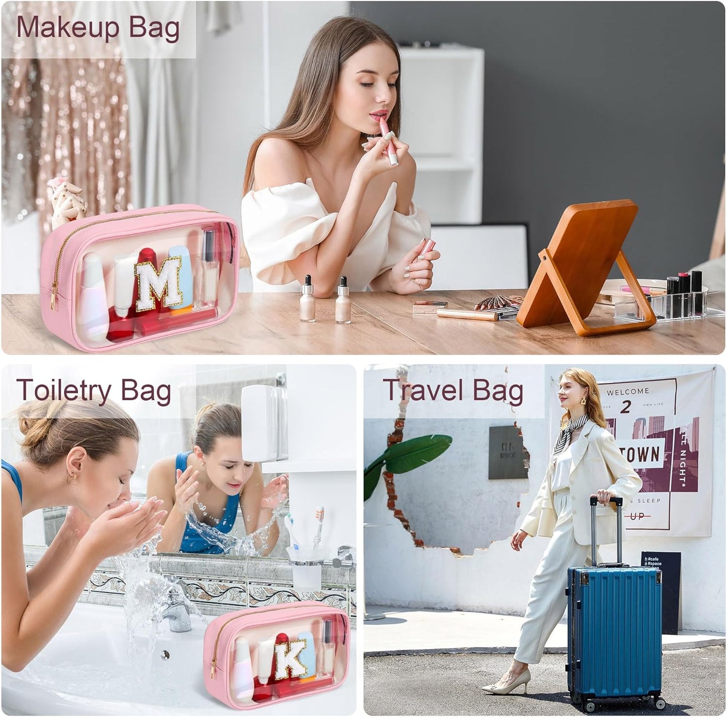 YOOLIFE Initial Make Up Bag Travel Toiletry Bag, Clear Makeup Bag Preppy Cosmetic Bags Organizer Travel Essentials Pink Gifts for Women Teen Girlfriend Teacher Mom Birthday Mothers Day Gifts E