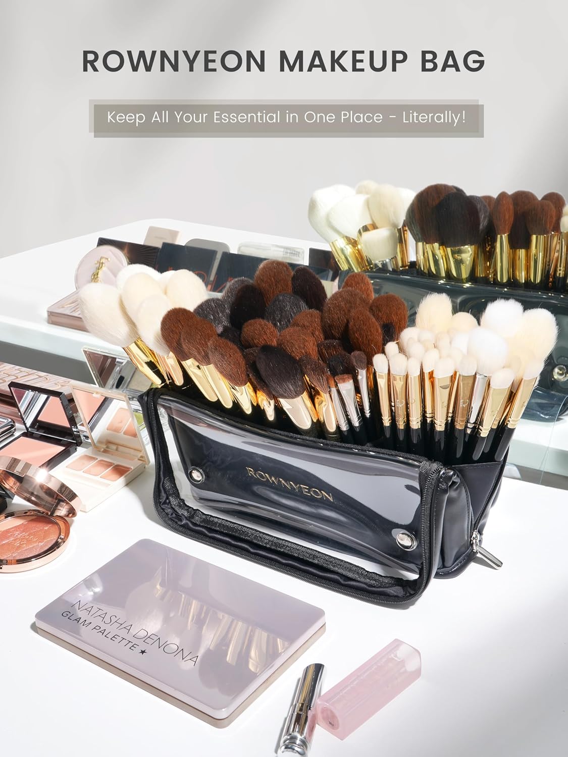 ROWNYEON Makeup Brush Bag, High Capacity Stand-Up Makeup Brush Holder, Travel Professional Cosmetic Bag Artist Organizer Bag Large Makeup Brush Case with Adjustable Divider (Brushes Not included)