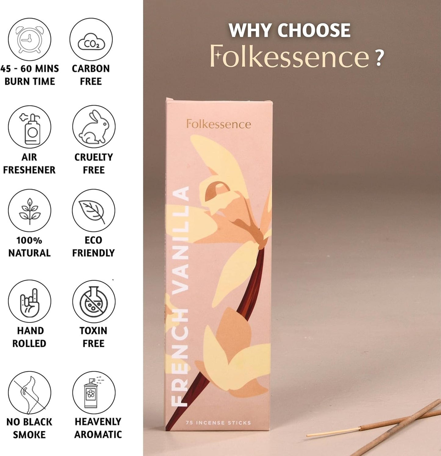 Folkulture Vanilla Incense Sticks | Pack of 75 Fall Insence-Sticks | Vanilla Incents with 45 Mins Burn Time | Fall Scents for Meditation | Organic Insence-Stick, Natural Inscents-Sticks for Relaxing