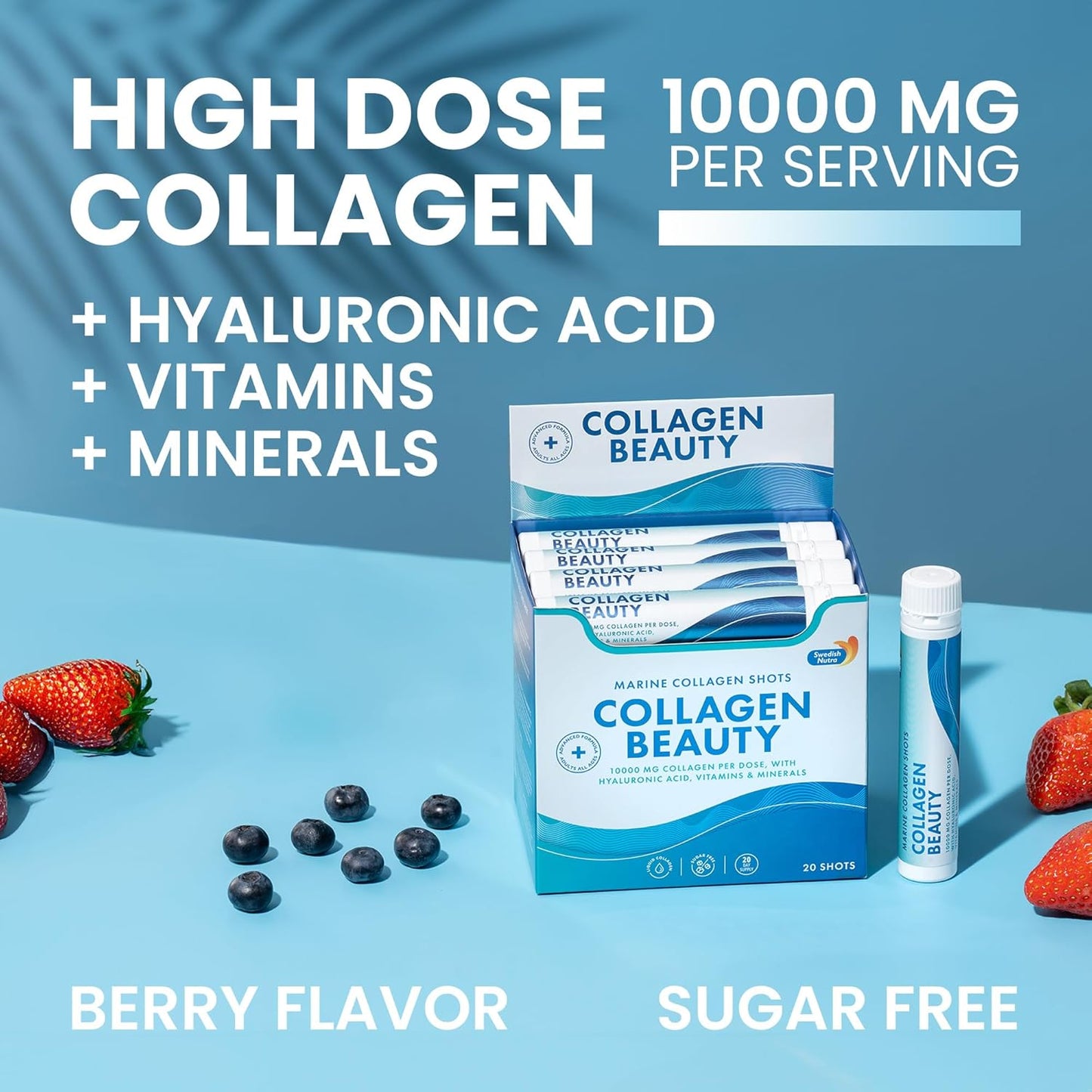 Swedish Nutra - Collagen Beauty | 10,000 mg Hydrolyzed Marine Collagen Liquid Supplement - 30 x 25 ml Daily Shots | Hyaluronic Acid and Vitamin C to Support Healthy Hair, Skin, Nails | Sugar-Free