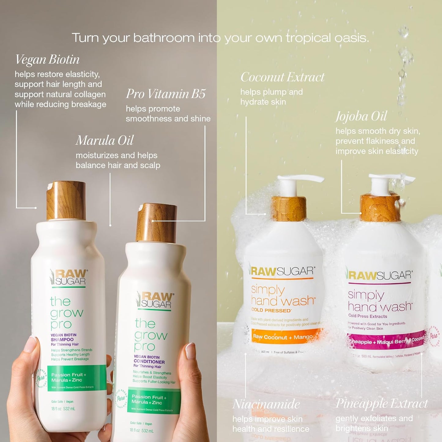 Raw Sugar The Grow Pro Shampoo & Conditioner Set, Simply Hand Wash Duo (4 Products) Anti-Thinning, Pro-Lengthening Hair Care & Moisturizing Hand Soap