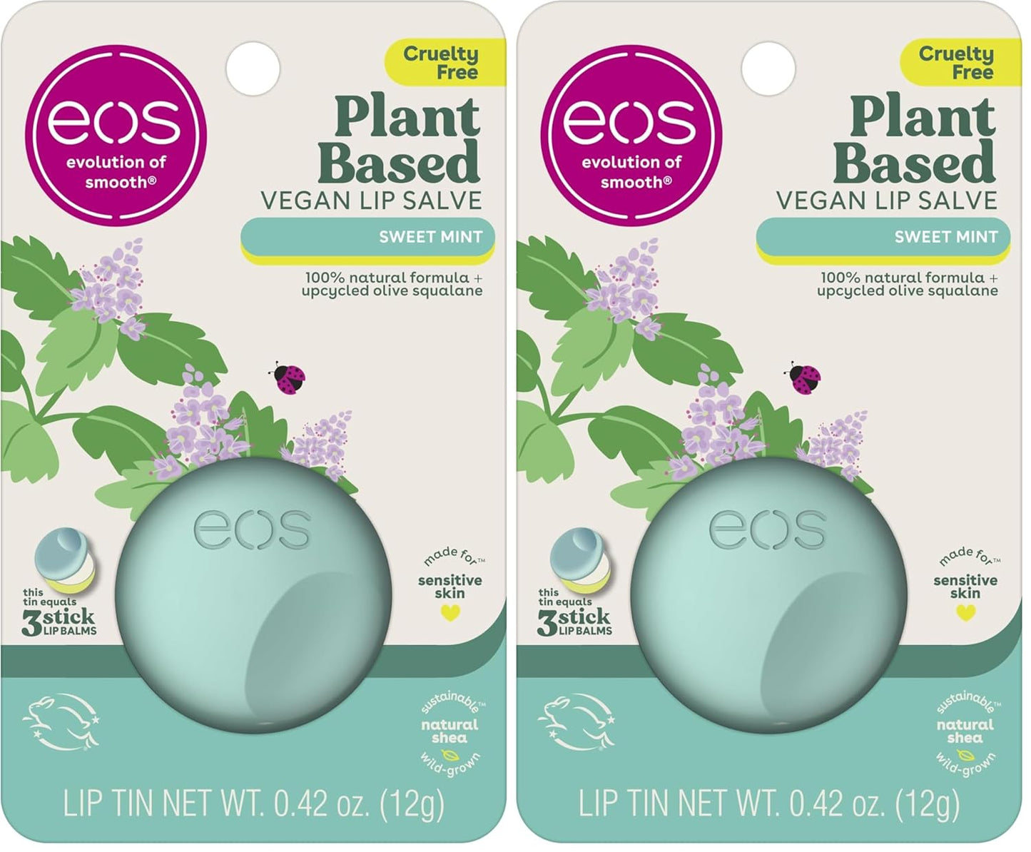 eos Plant-Based Vegan Lip Salve - Sweet Mint, 100% Natural Formula, Cocoa Butter Lip Balm with Upcycled Olive Squalane, Cruelty-Free, 0.42 oz (Pack of 2)