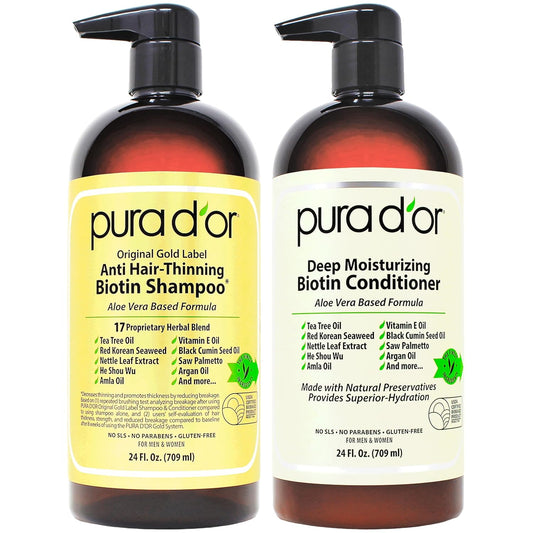 PURA D'OR Anti-Thinning Biotin Shampoo & Deep Moisturizing Conditioner Original Gold Label Set (24oz x2) Natural Earthy Scent, CLINICALLY TESTED Effective Results, Hair Thickening Product, Women & Men