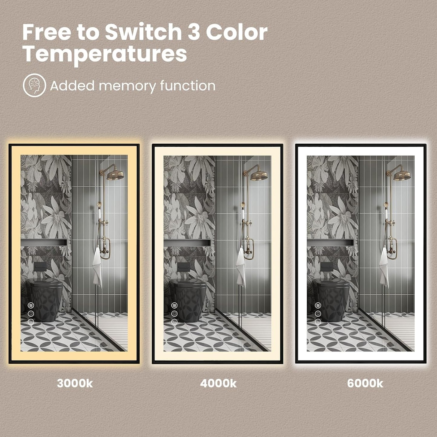 Amorho 60" X30" LED Bathroom Mirror with Black Frame, Front Light and Backlit(Controlled Separately), Stepless Dimmable, Anti-Fog, Shatter-Proof, 3 Colors, Memory