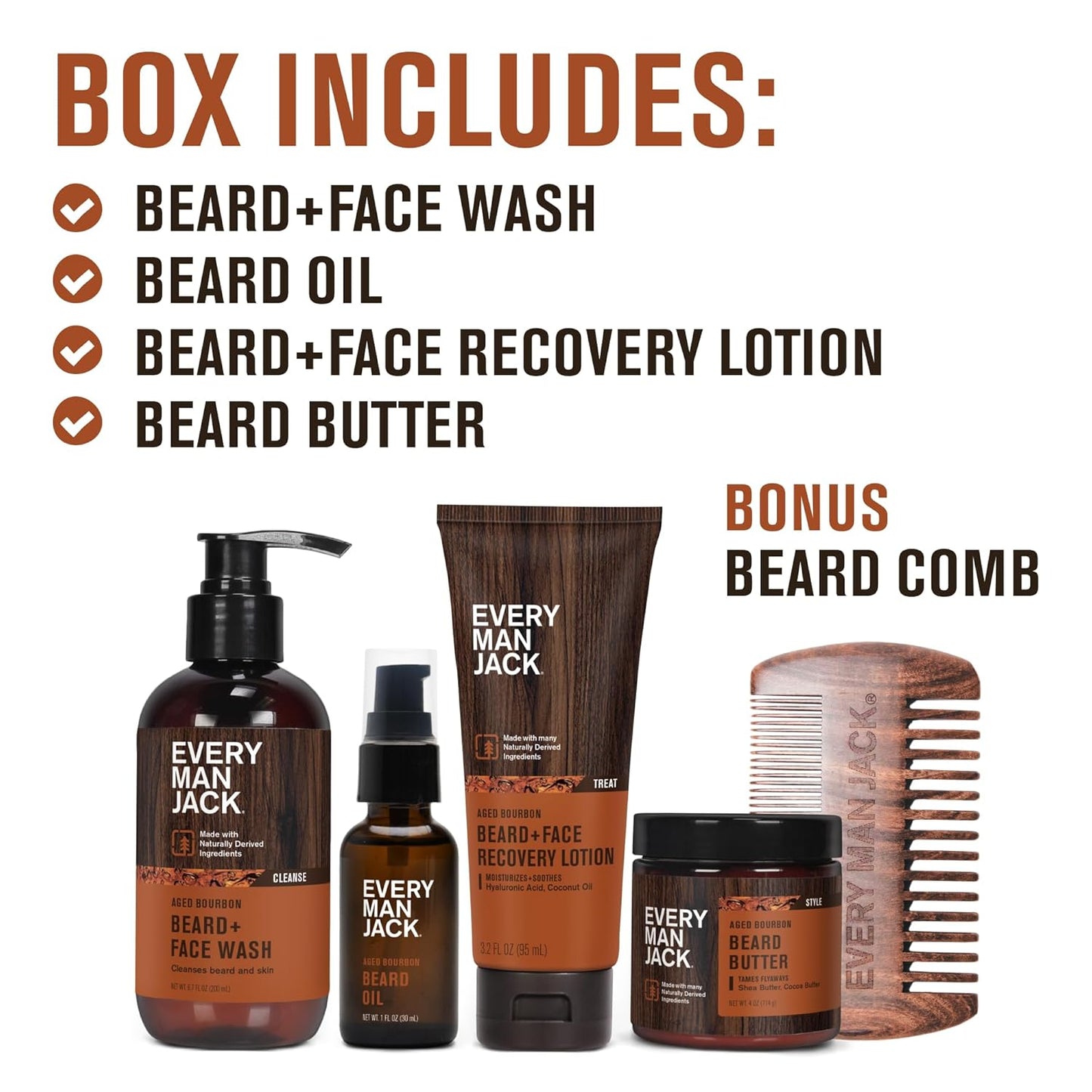 Every Man Jack Mens Aged Bourbon Beard Set - Five Full-Sized Grooming Essentials For a Complete Routine - Beard + Face Wash, Beard + Face Lotion, Hydrating Beard Oil, Beard Butter, and Beard Comb