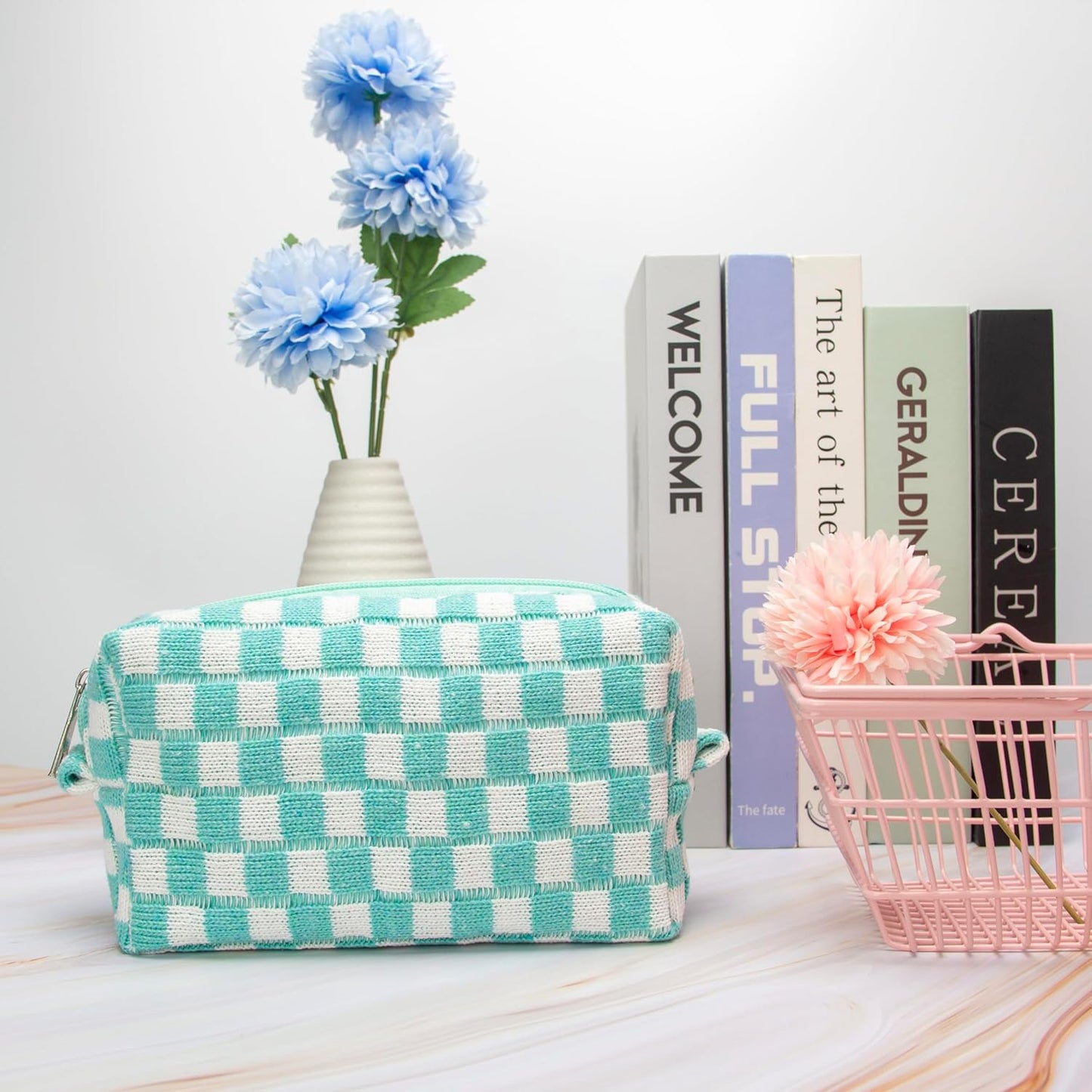 PAZIMIIK Checkered Makeup Bag for Purse Portable Zipper Make Up Pouch Small Cosmetic Case for Travel Accessories Arctic Blue