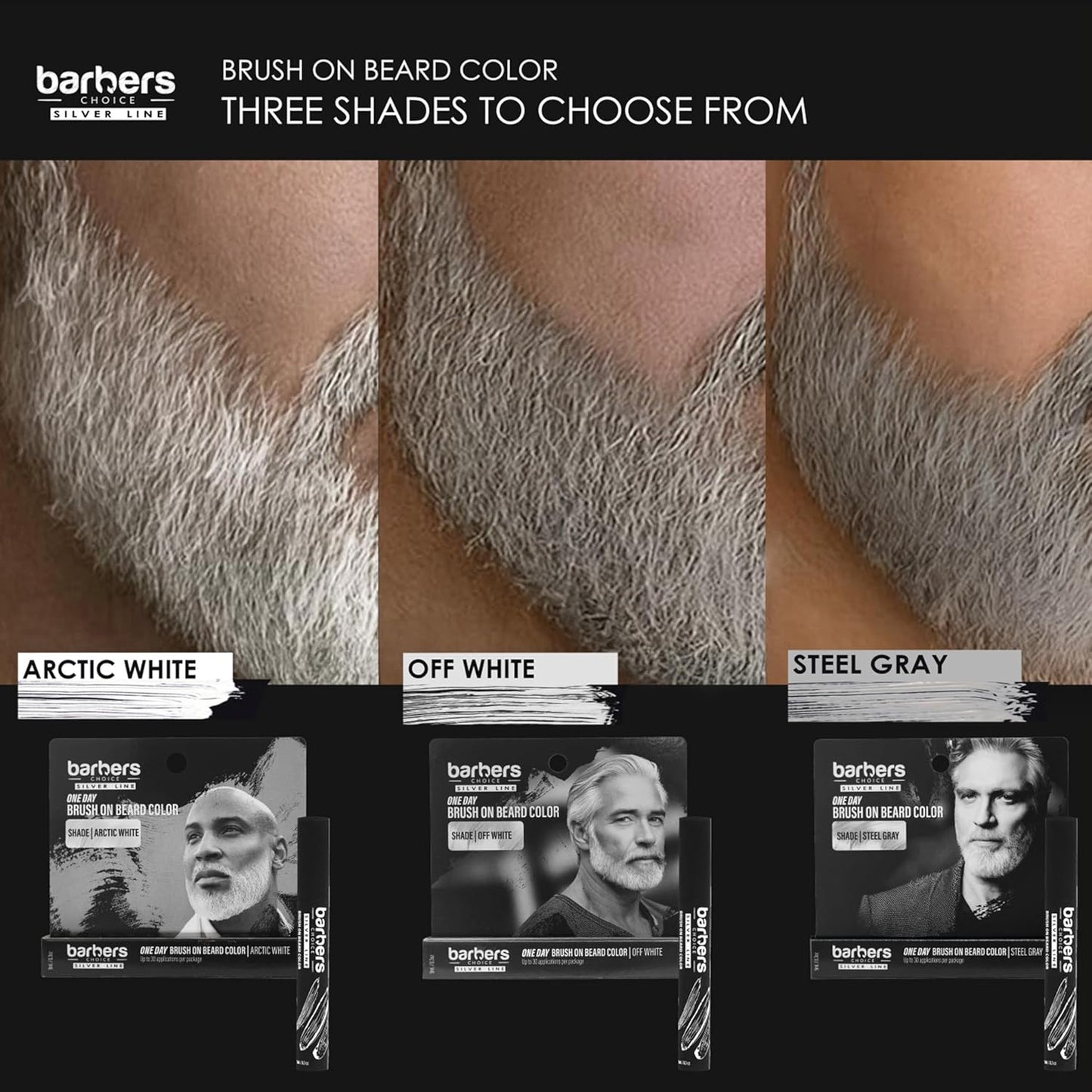 Barbers Choice Silver Line, Facial Hair Brush on Temporary Color for Silver Fox Men- Instantly Brighten White Beards, Mustache & Sideburns, Less Yellow, Easy Application, Arctic White