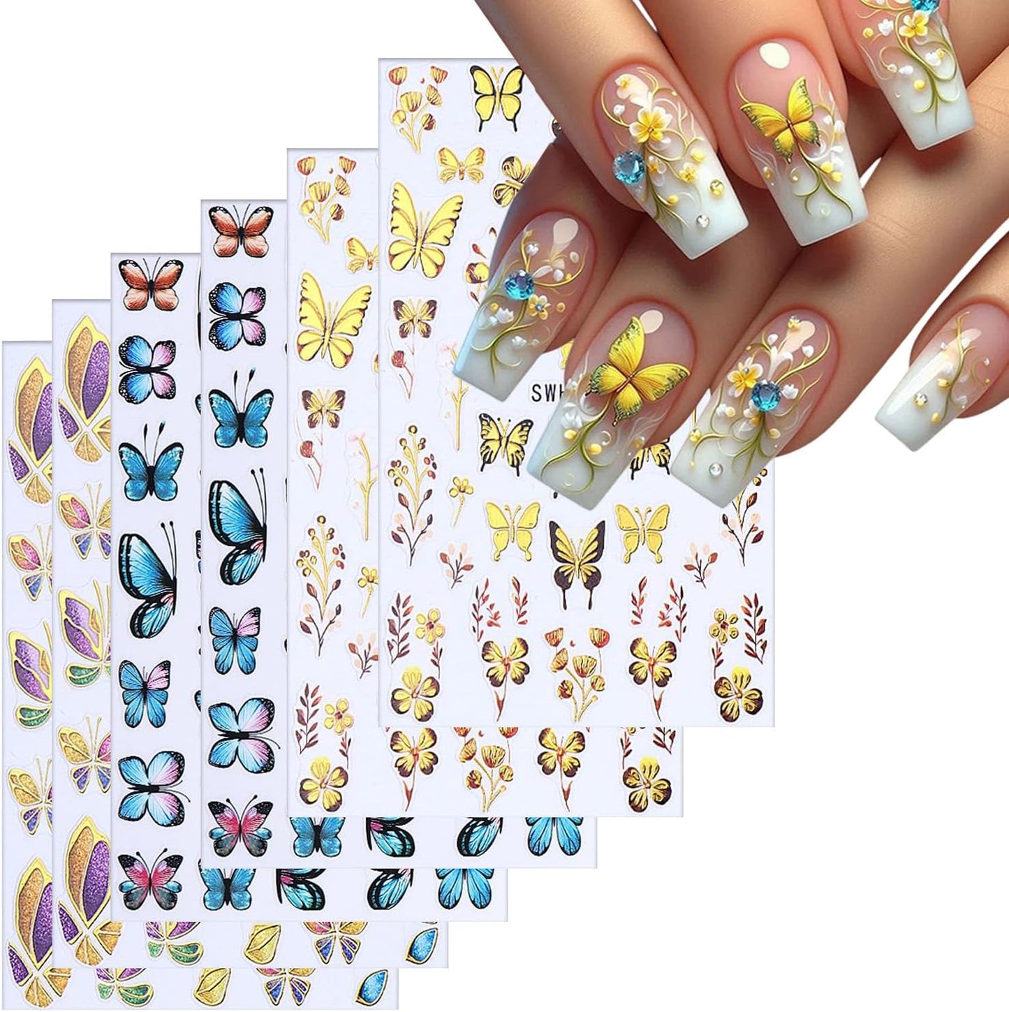 Butterfly Nail Art Stickers Gold Butterflies Nails Art Decals 3D Self-Adhesive Nails Sticker Holographic Spring Decal Decoration for Women Blue Butterfly Manicure Stickers DIY Nail Supplies