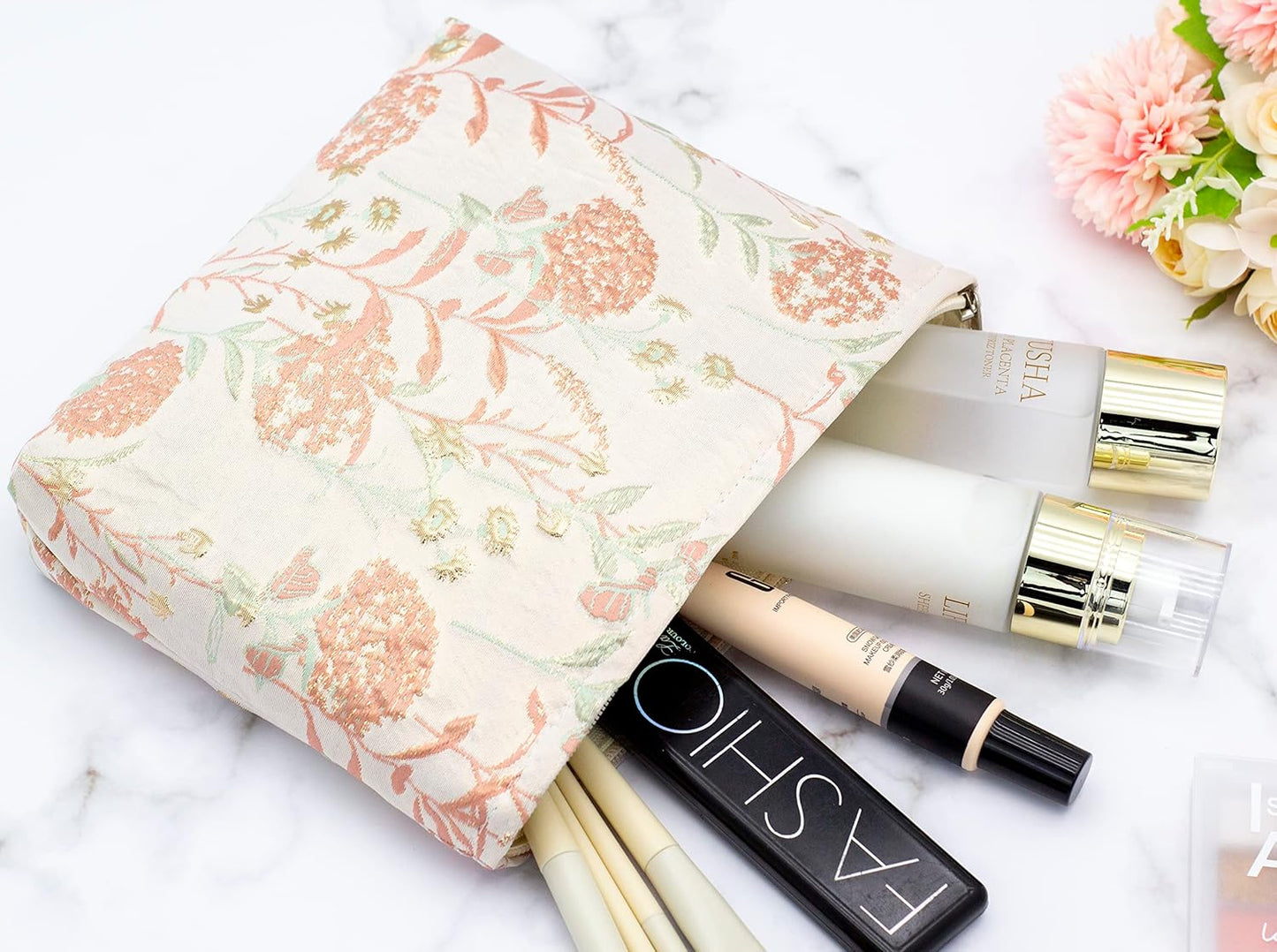 Makeup Bags for Purse Zipper Cosmetic Pouch Large Travel Canvas Make Up Organizer Tool Pouch for Women and Girls,Brocade Flower Pink