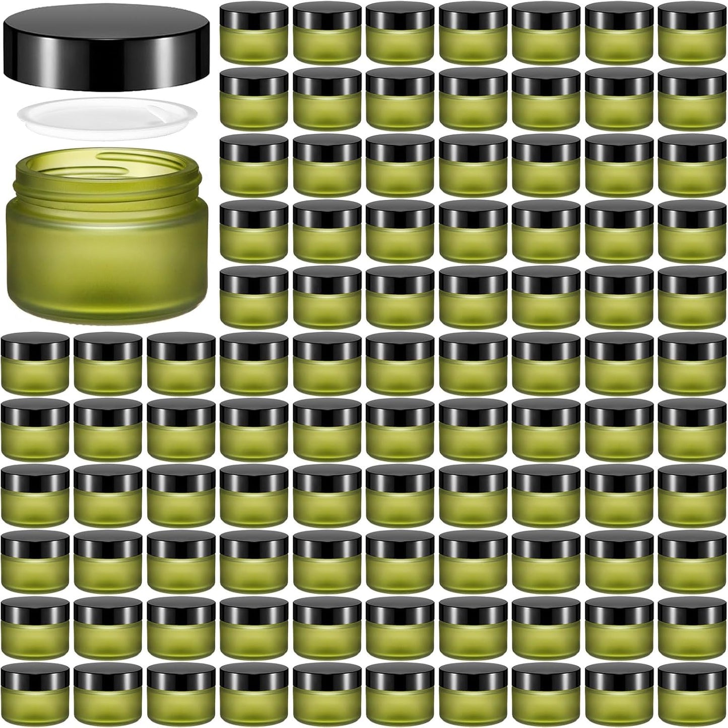 Domensi 100 Pcs 1 oz Glass Jars with Lids Bulk Round Glass Cosmetic Jars Lids 1 oz Small Travel Containers with Inner Liner for Lotions Powders Ointments Sample Cream(Bean Green,Black)