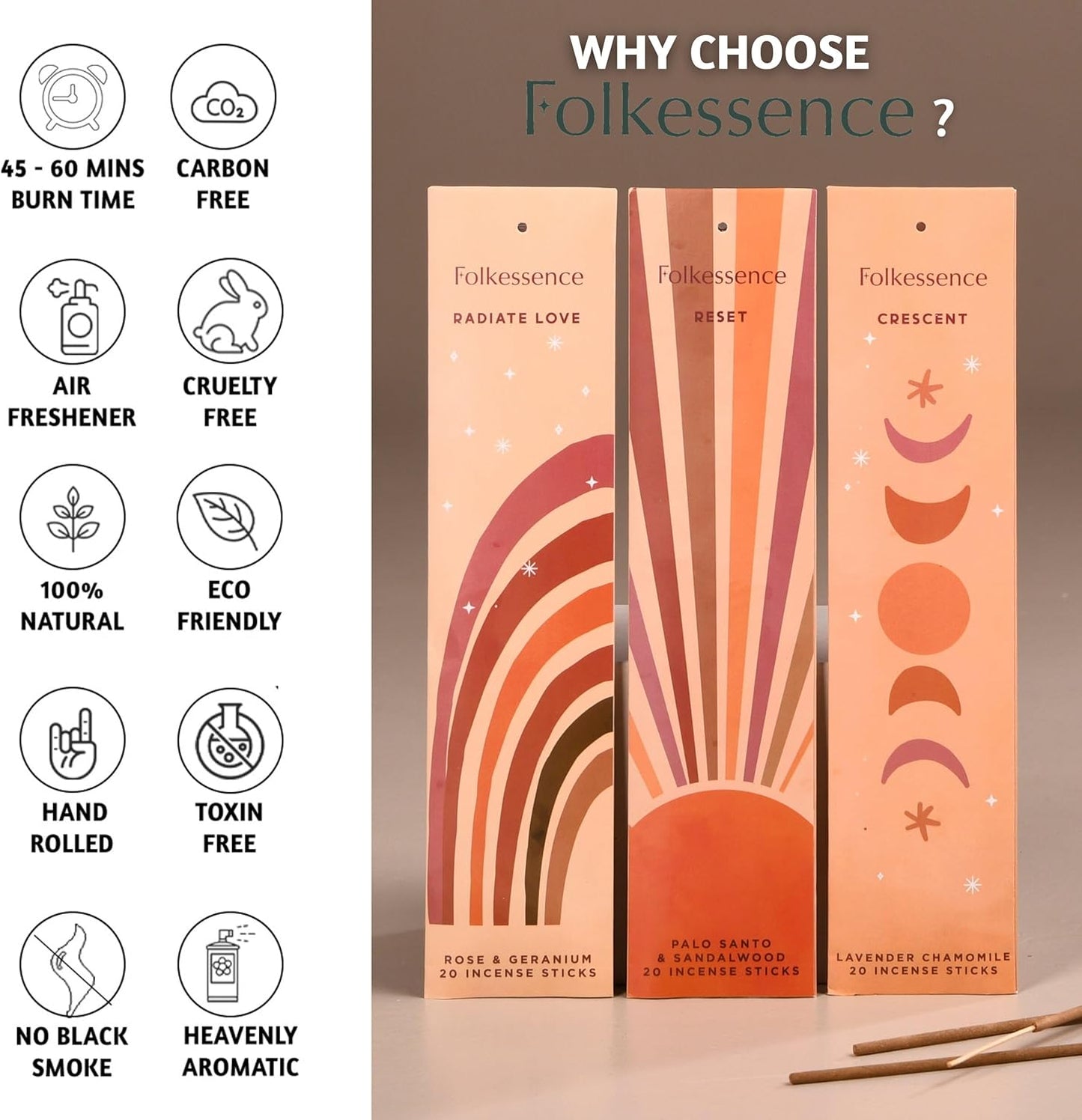 Folkulture Incense Sticks | Set of 6 (120 Sticks) Non Toxic Palo Santo Insence-Sticks | 45 Mins Burn Time | Sandalwood Incenses, Lemongrass, Rose Geranium | Organic Inscents-Sticks for Home