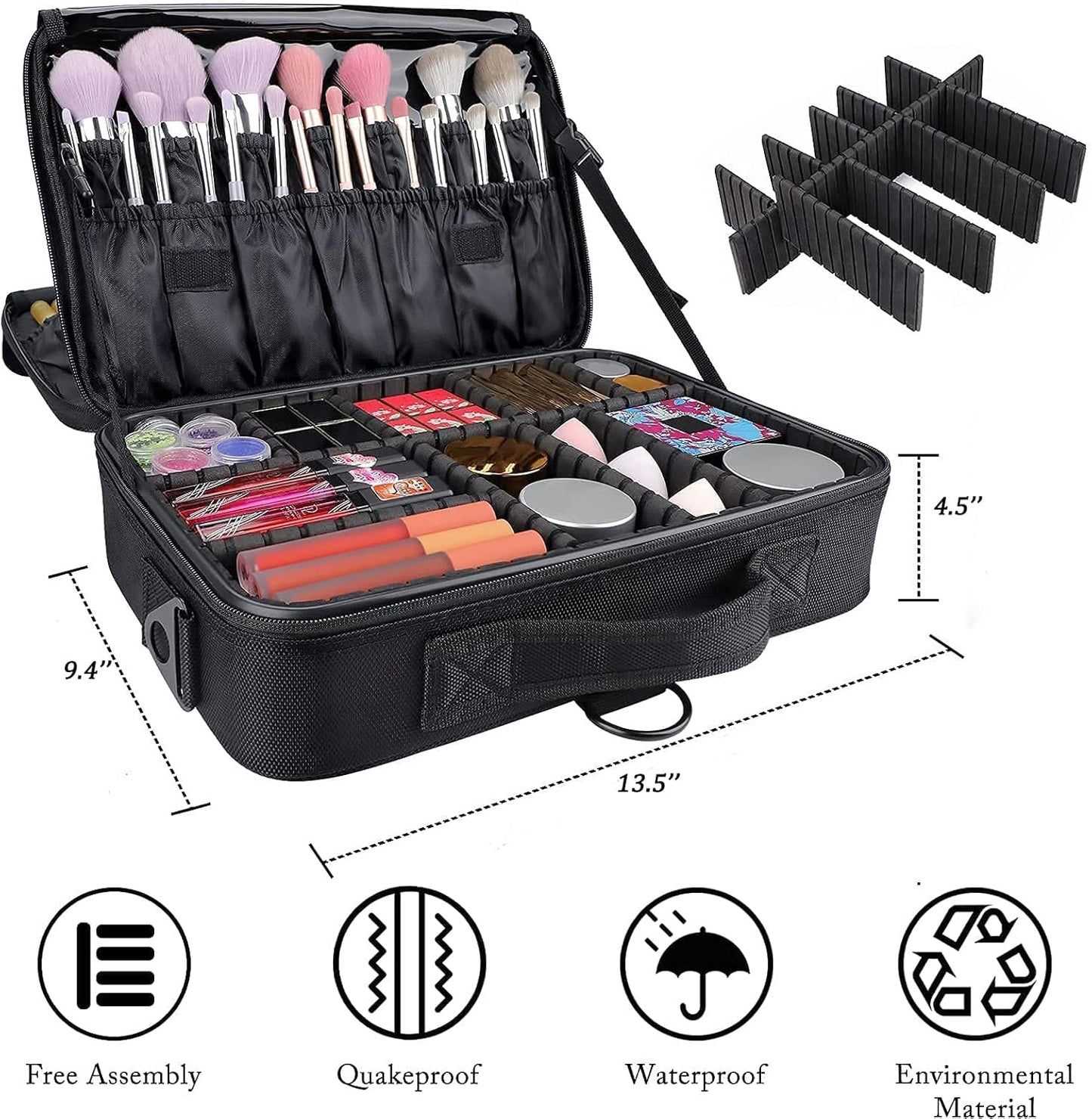 JOURMON Travel Makeup Case 3 Layers Makeup Train Case Portable Makeup Bag Organizer Portable Artist Storage Bag with Adjustable Dividers and Shoulder Strap（Black, M）