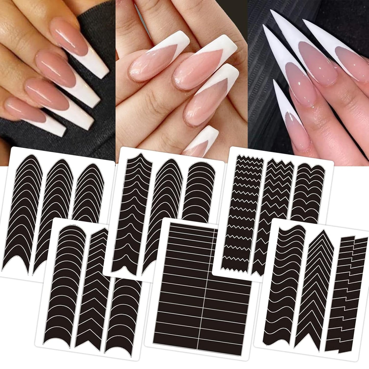 1422 Pcs French Tip Nail Guides, Self-Adhesive French Moon Shaped V-Shaped Manicure Strip Stickers for Edge Auxiliary Black DIY Decoration Stencil Tools(11 Designs, 36 Sheets)
