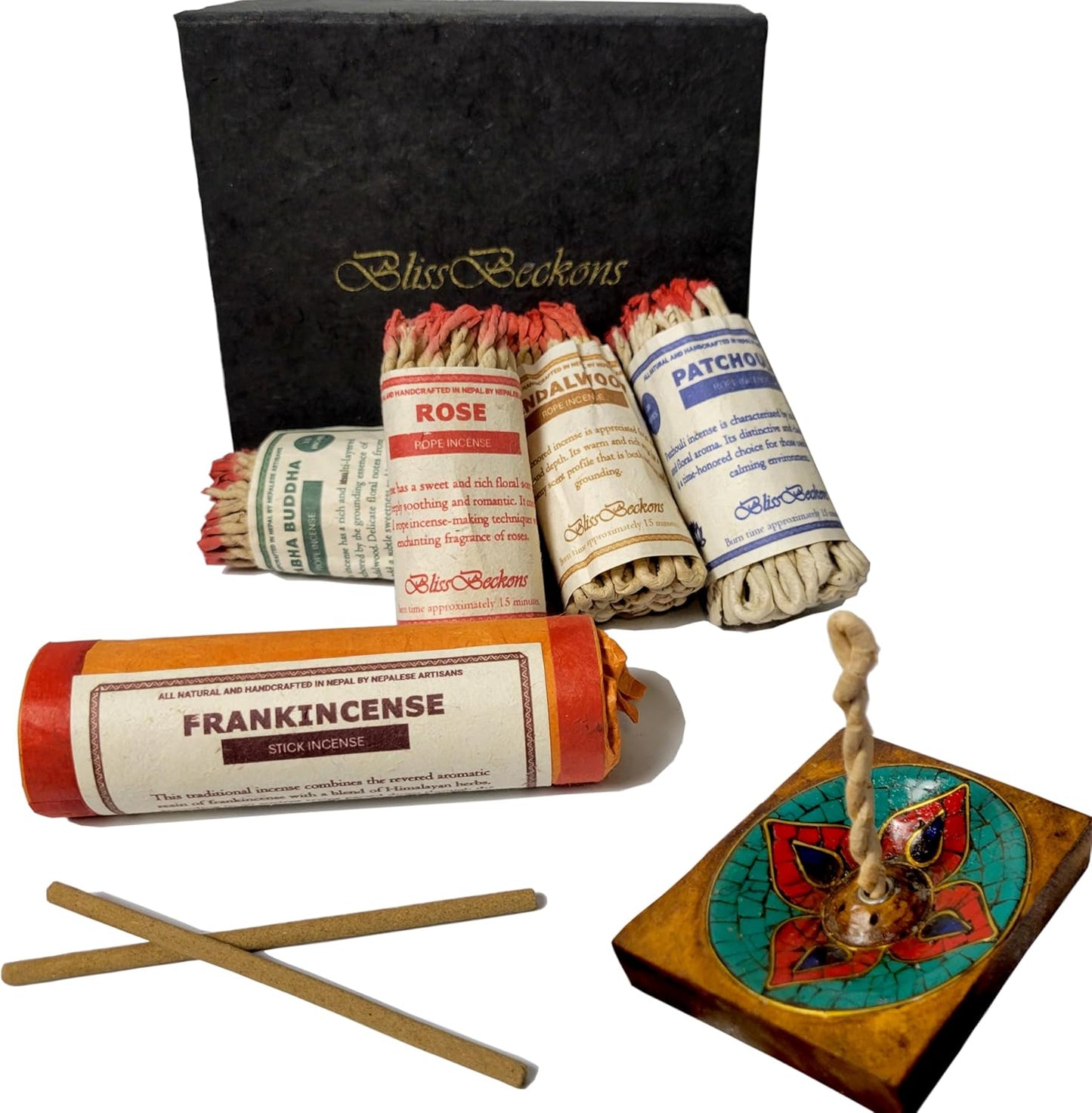Handmade Tibetan Incense Gift Set – 150 pcs Incense Variety Pack: Frankincense, Patchouli, Sandalwood, Rose, Amitabha Buddha, Incense Holder, 4 Rope Bundles and 1 Stick Bundle