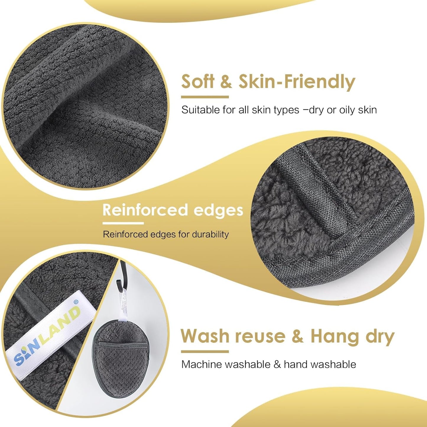 SINLAND Reusable Makeup Remover Pads For Face,Eye,Lips Microfiber Gentle Facial Cleansing Cloths for All Skin Types Friendly for Makeup Remover With Laundry Bag 5.1inchx3.93inch Gray Pack of 6