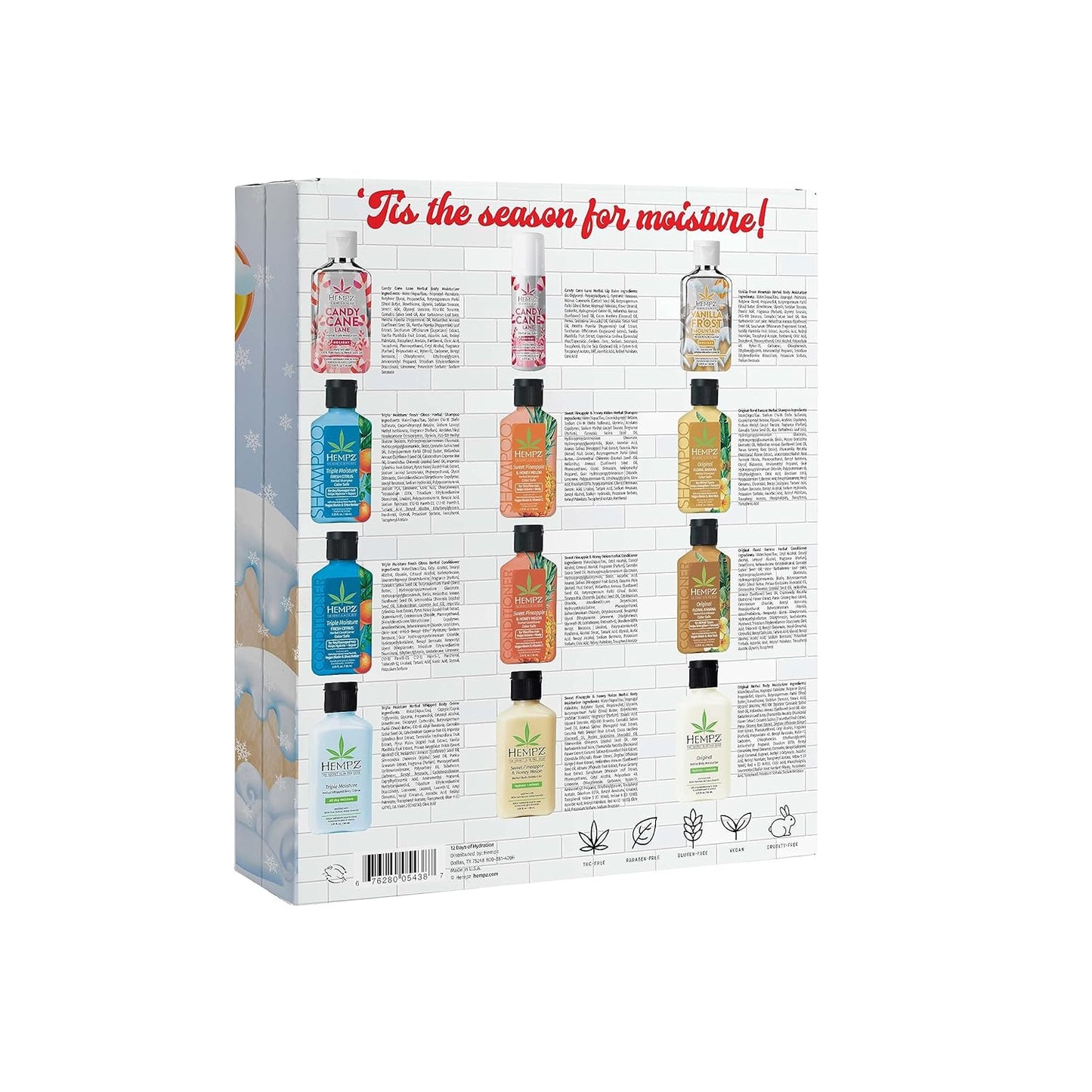 Hempz Twelve Days of Hydration Skin Care Gift Set (12-pack) - Candy Cane Moisturizer & Lip Balm, Vanilla Moisturizer, Pineapple & Melon, Original, & Triple Moisture Shampoo, Conditioner & Moisturizer