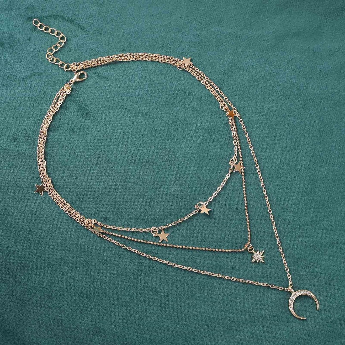 Boho layered moon star choker necklace crystal northstar necklace cz moon pendant necklace gold star dangle necklace jewelry for women