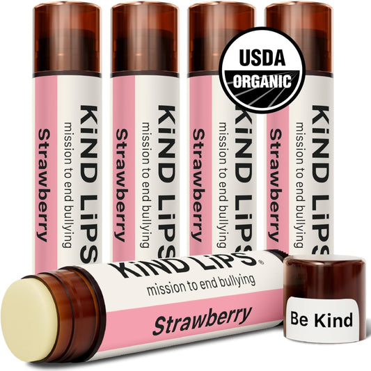 Kind Lips Strawberry Lip Balm 5-Pack - USDA Organic, Natural Lip Moisturizer for Dry Lips | Gluten-Free, Cruelty-Free