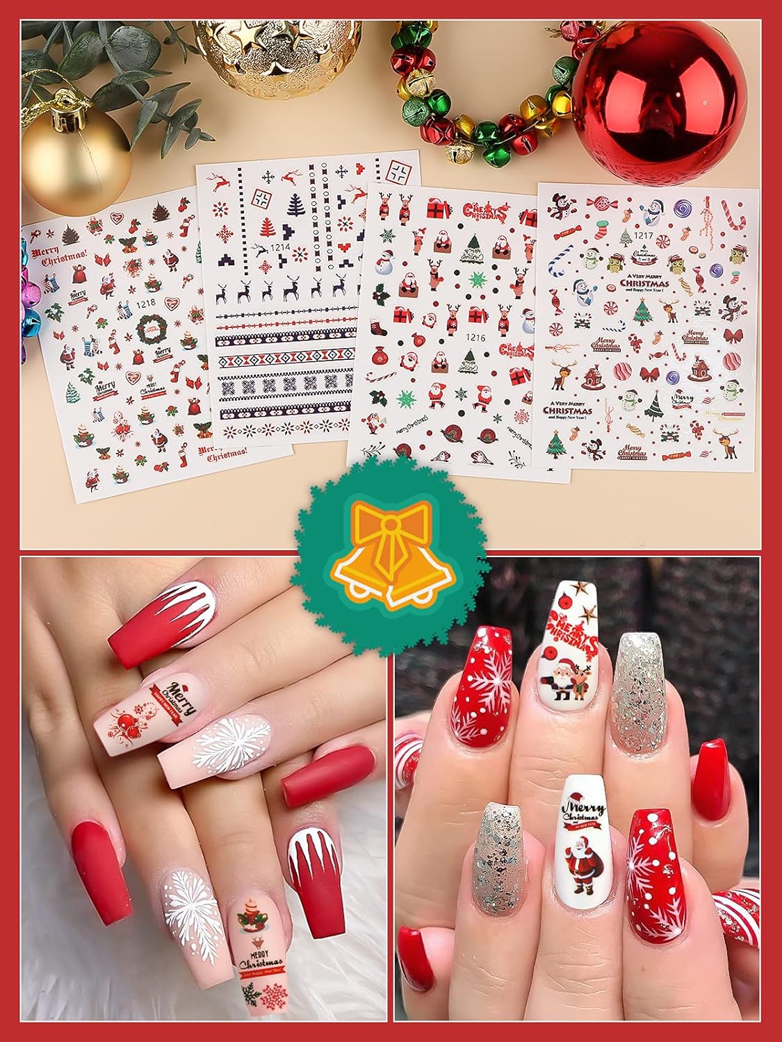 1000+ Patterns Christmas Nail Art Stickers Snowflake 3D Self-Adhesive Nail Decals, Kalolary Snowflake Santa Claus Snowman Christmas Stick Elk for Christams Nail Decorations for Women Kids