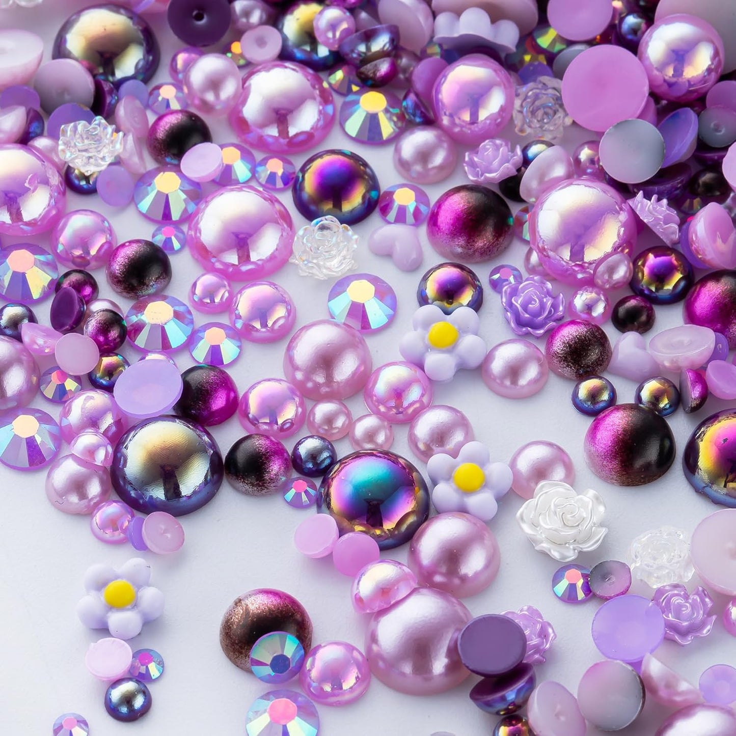 160g Purple Flat Back Pearls Rhinestones for Crafts Mixed Size 3mm-10mm AB Color Round Half Pearls Flatback Pearl Beads and Resin Rhinestones Set for Face Art