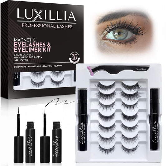 Luxillia Magnetic Eyelashes Kit – 10 Piece Magnetic Eyelash & Eyeliner Set with Applicator – Natural Look Easy Apply Reusable Fake Extension Lashes, No Glue – Pestañas Postizas Magnéticas Naturales