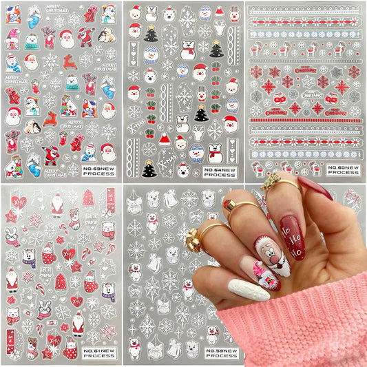 Christmas Nail Art Stickers Decals 6 Sheets Cute Cartoon Snowflake Nail Decals 5D Elk Santa Nail Art Design Xmas Nail Supplies Christmas Manicure Stickers for Nail Art Decorations Holiday DIY Nails