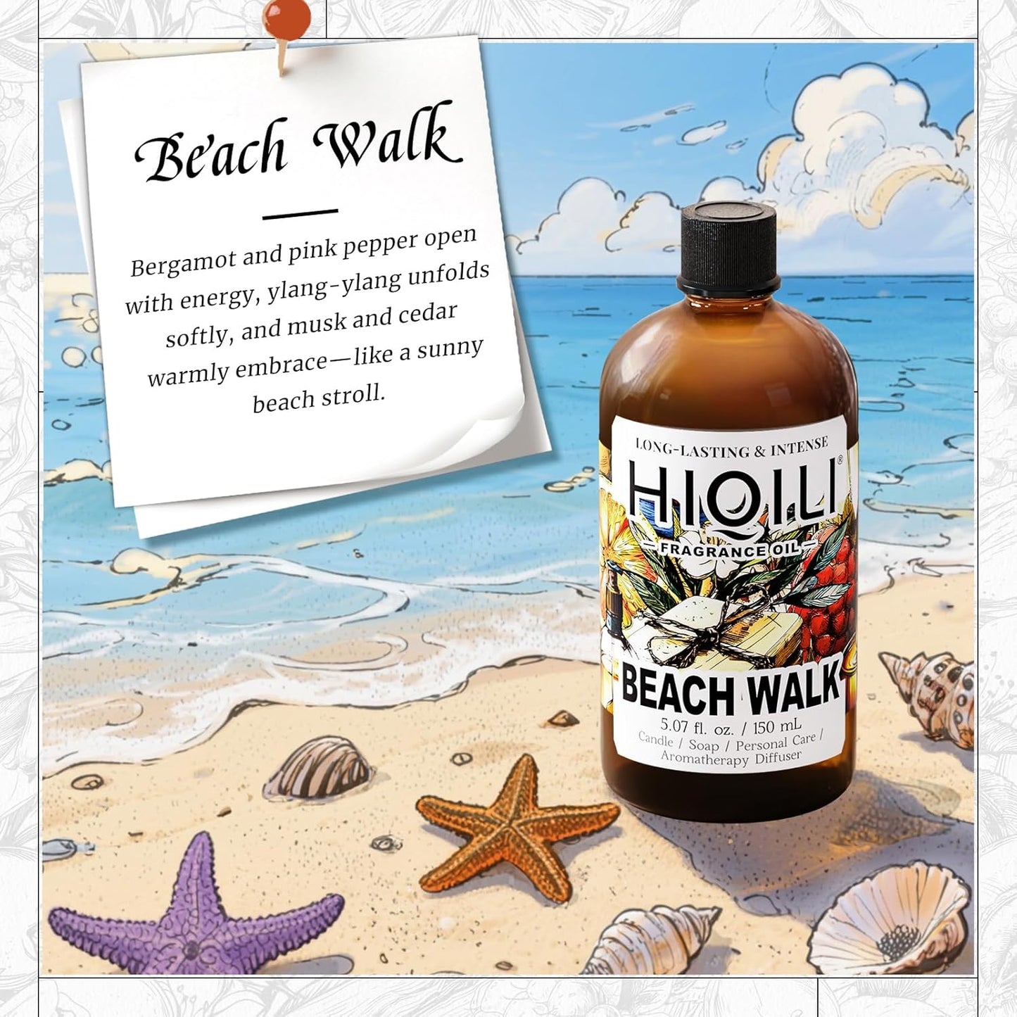 HIQILI Beach Walk Fragrance Oil for Diffuser & Humidifier, Candle & Soap Making, Luxury Hotel Scents, Perfect as a Gift - 5.07 Fl Oz