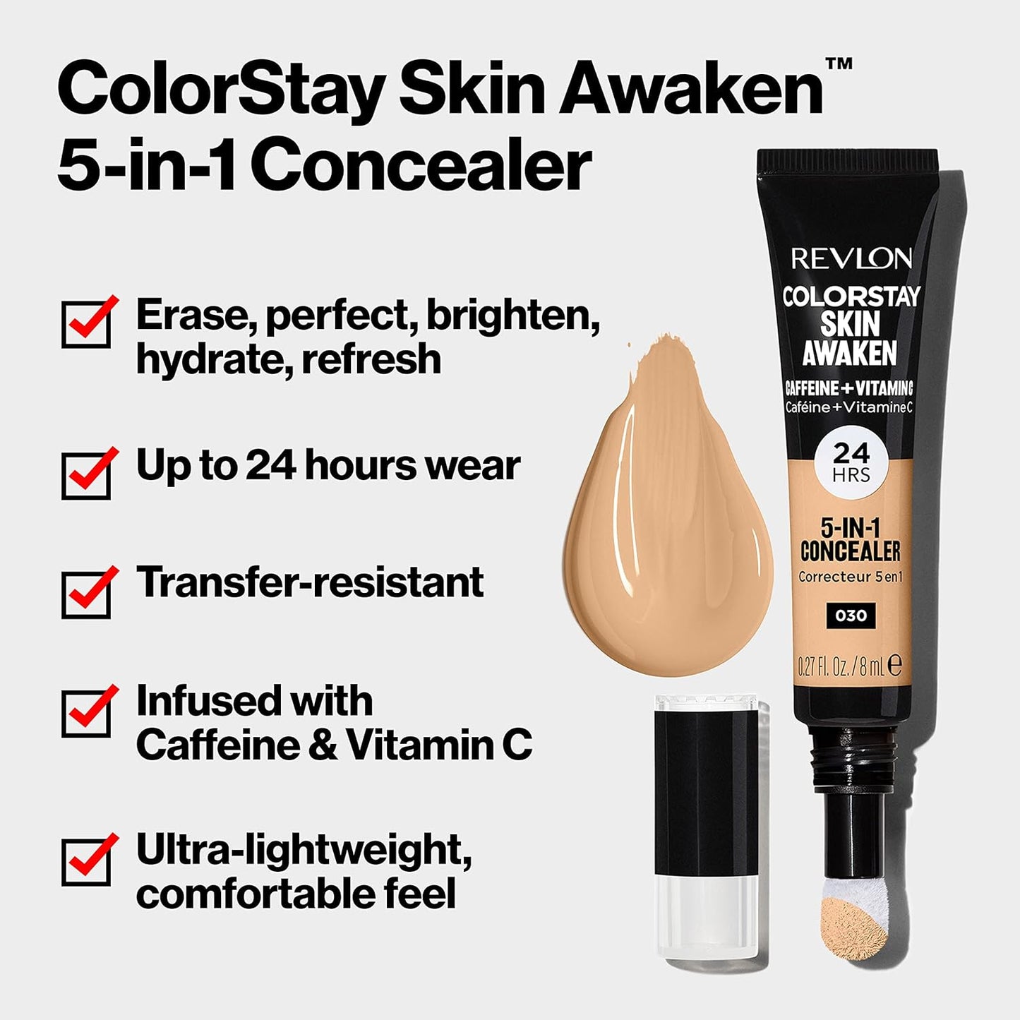 Revlon ColorStay Skin Awaken 5-in-1 Concealer, Lightweight, Creamy Longlasting Face Makeup with Caffeine & Vitamin C, For Imperfections, Dark Circles & Redness, 003 Cool Ivory, 0.27 fl oz
