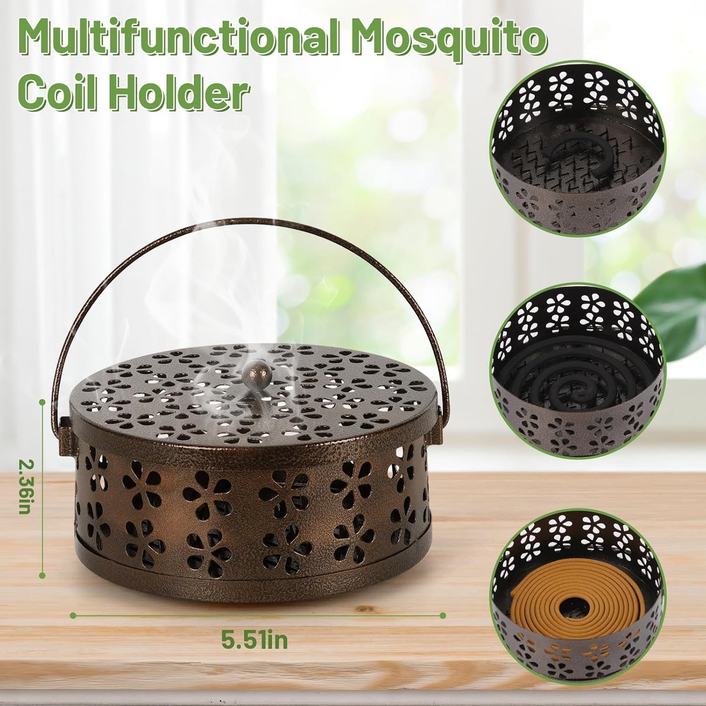 Portable Iron Mosquito Coil Holder with Handle Round Heat-Resistant Incense Holder (2 Pack Bronze)