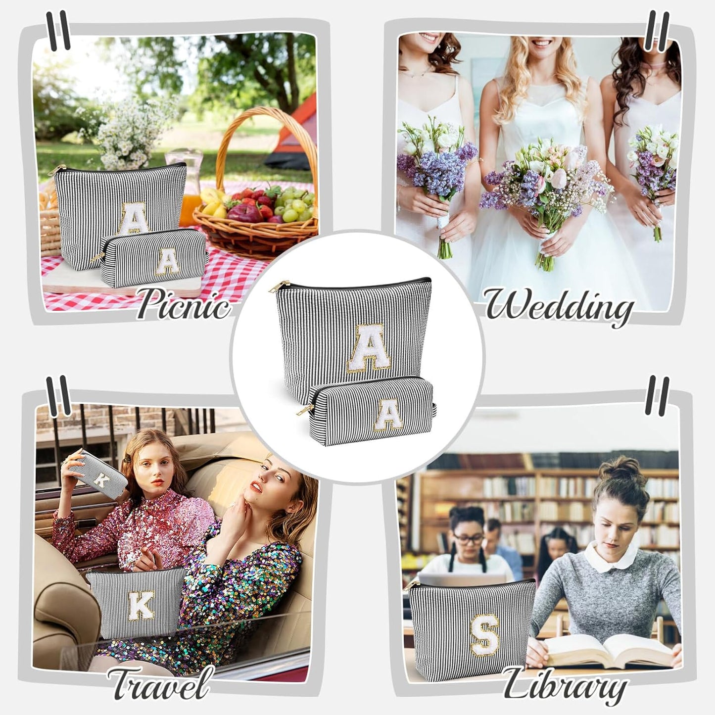 YOOLIFE Initial Monogram Cute Makeup Bags - Cosmetic Toiletry Pouch for Women's Friendship, Personalized Birthday Gifts - Black