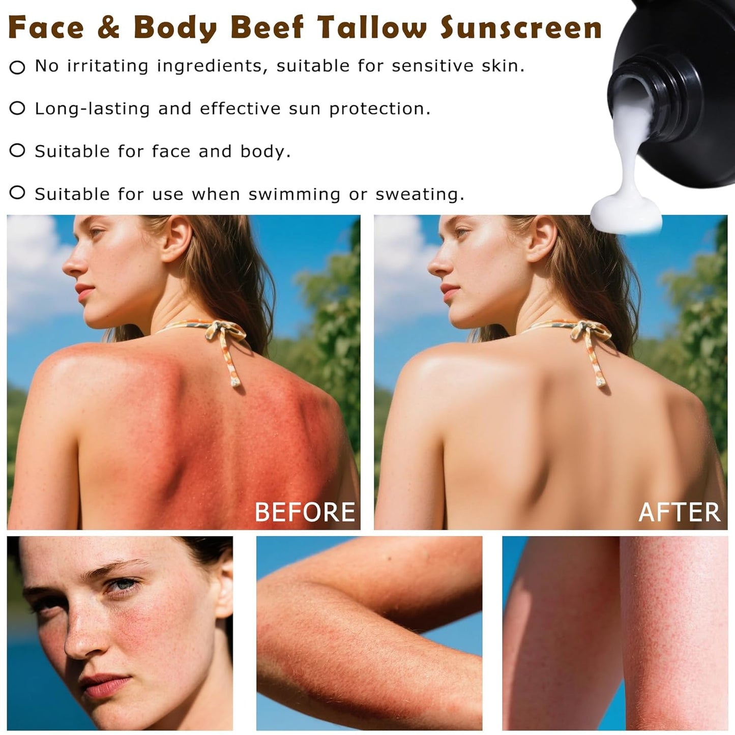 Beef Tallow Sunscreen for Face Body,Tallow Sunscreen SPF 50 Water-Resistant for Summer Outdoor Travel 3.52 OZ