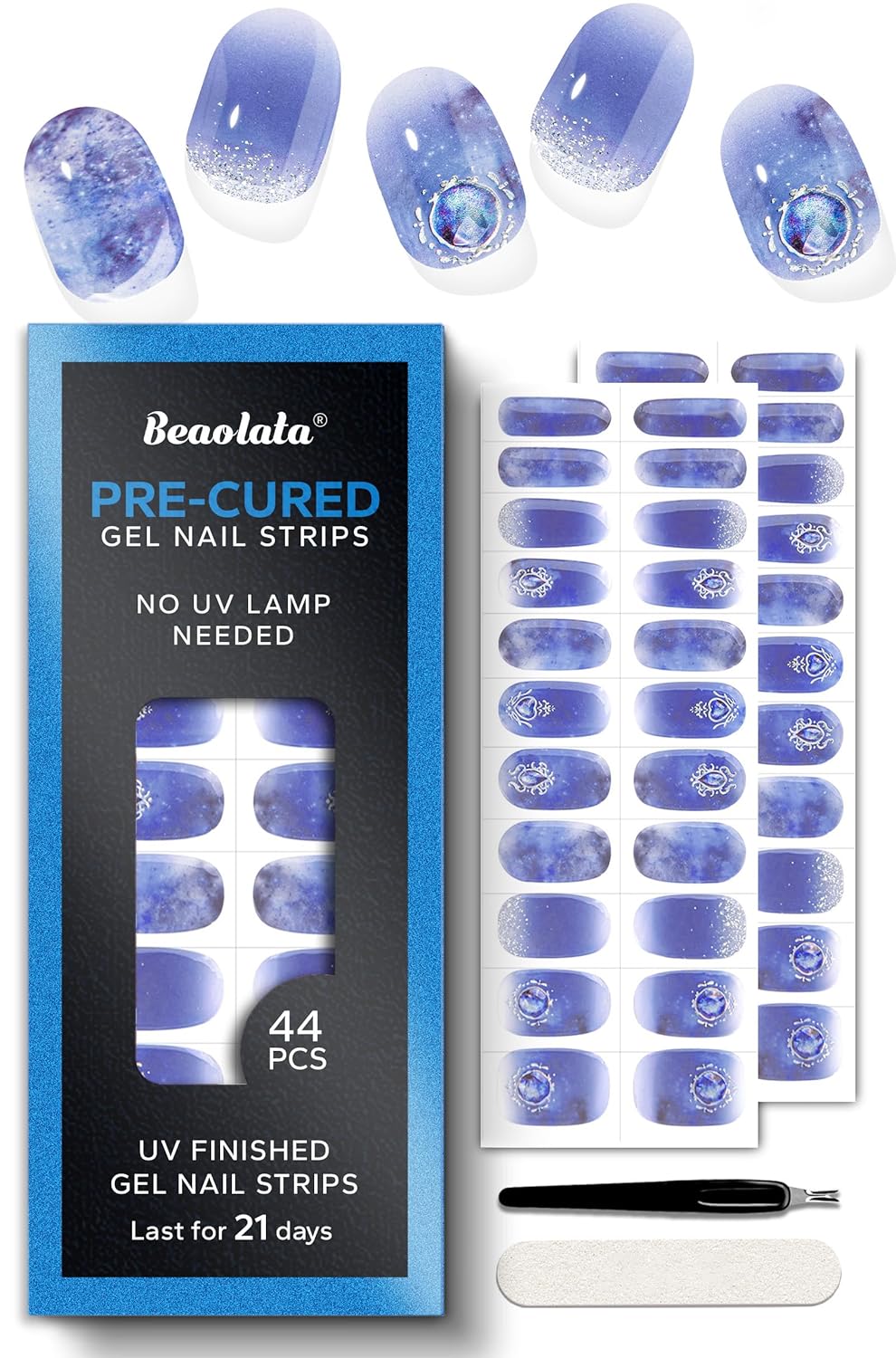 Pre Cured Gel Nail Strips - 44PCS Salon Quality Gel Nail Stickers - Long Lasting Polish Wraps for Women no UV Light Needed Easy Apply& Remove (Crystal Blue）