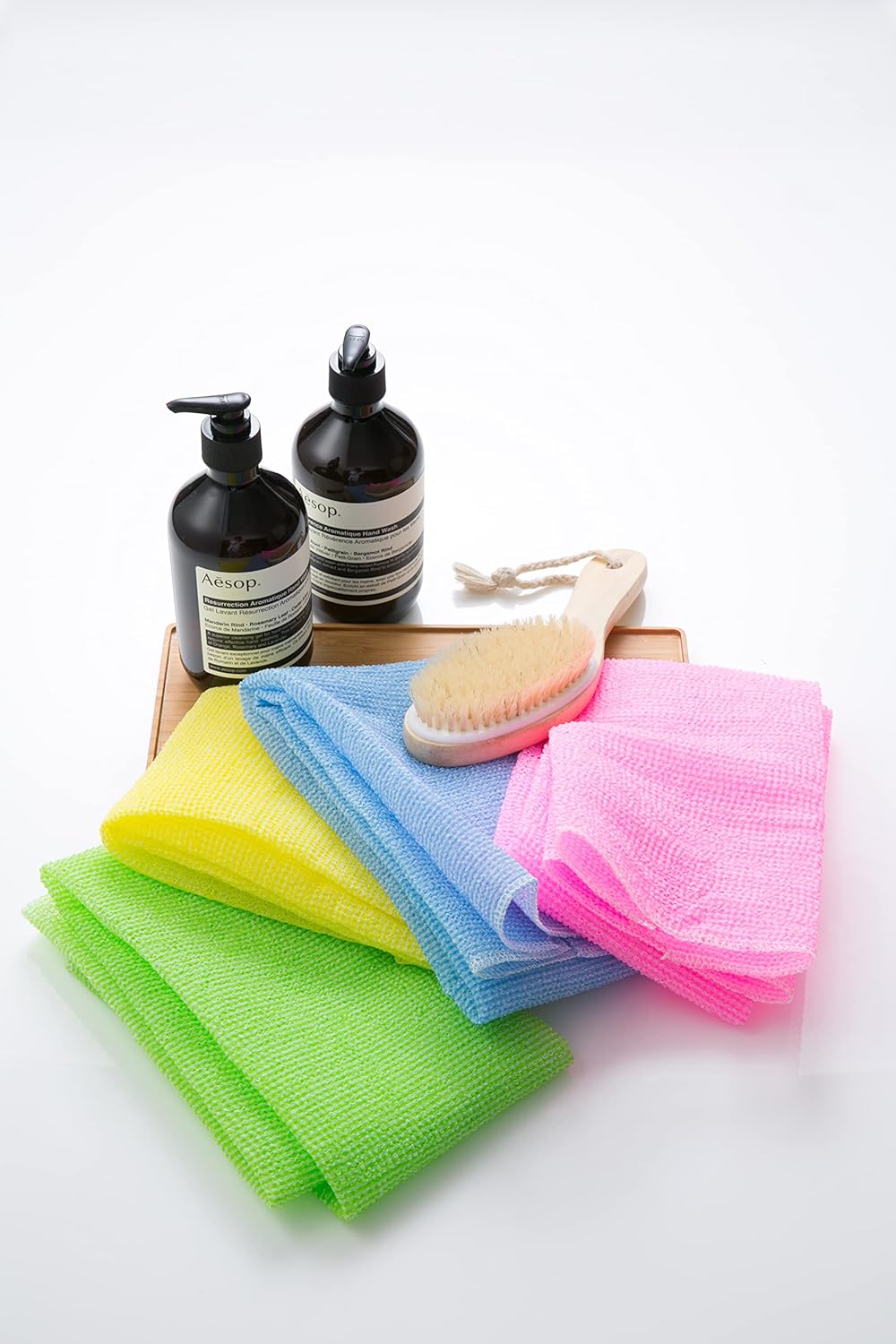 Modu 4 PCS Long Exfoliating Washcloth - African Bath Net Sponge Loofah Japanese Washcloth Body & Back Scrubber for Shower, Deep Cleansing (Pink, Sky Blue, Yellow, Green)
