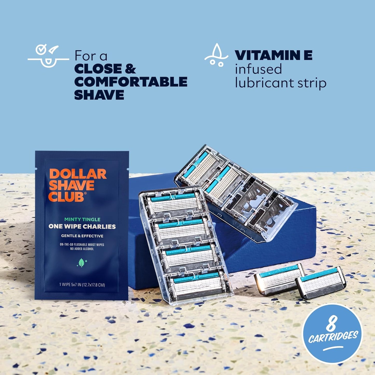 Dollar Shave Club | 6 Blade Razor Refills (8 Pack) | 6 Stainless Steel Blades for a Close & Comfortable Shave, 1 One Wipe Charlies