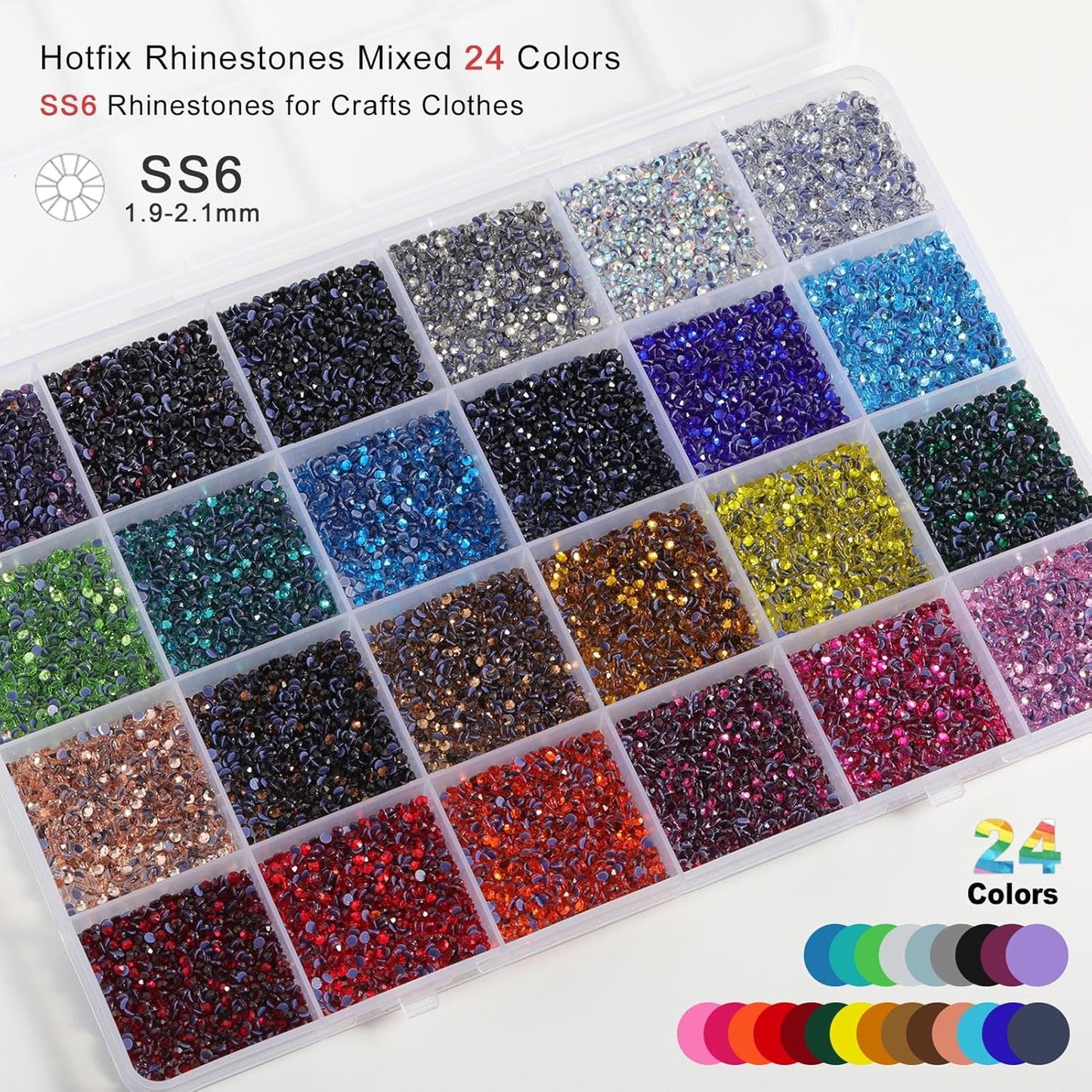 Hotfix Rhinestones Mixed 24 Colors, SS6 Rhinestones for Crafts Clothes, Hotfix Crystals with 1 Tweezers, 1 Wax Pencil and 1 Spoon