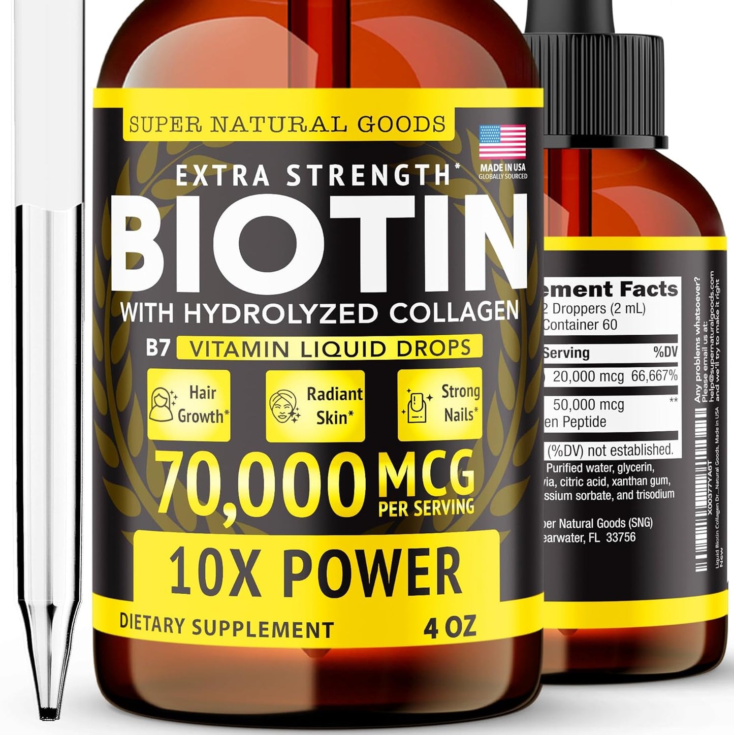 Super Natural Goods Liquid Biotin & Collagen 70,000mcg Hair Growth Vitamin Drops - Radiant Skin, Strong Nail Support - High Potency Hair Loss Supplement for Damaged Strands, for Men & Women (4oz)