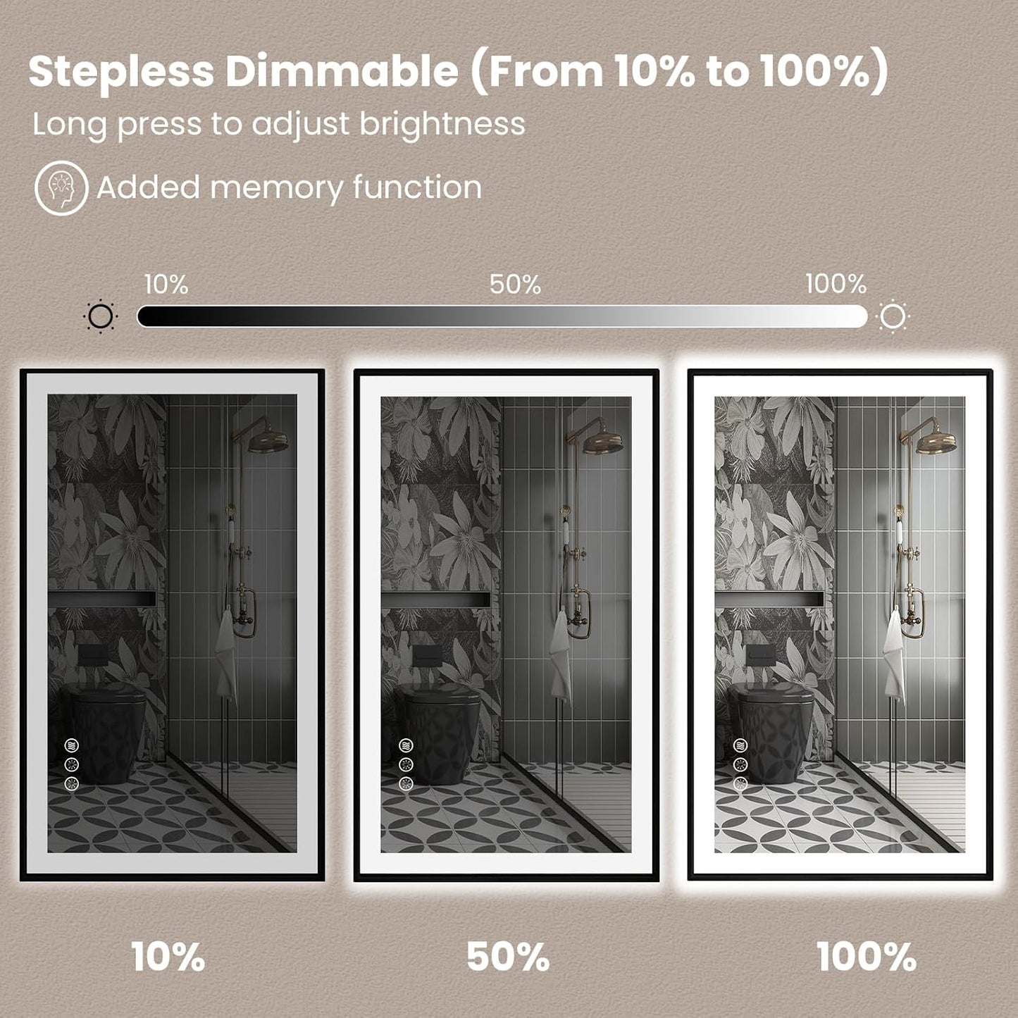 Amorho 55" X36" LED Bathroom Mirror with Black Frame, Front Light and Backlit(Controlled Separately), Stepless Dimmable, Anti-Fog, Shatter-Proof, 3 Colors, Memory