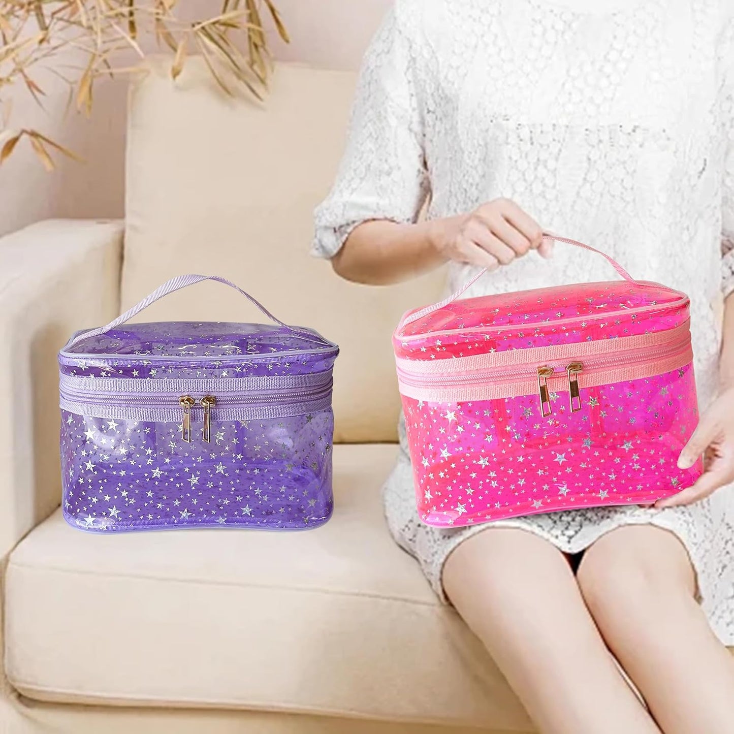 Holographic Makeup Bags Bulk,Clear Storage Bag Toiletry Pocket Portable Zippered Iridescent Pouch Waterproof Cosmetic Gift Bags for Women (Blue-L)