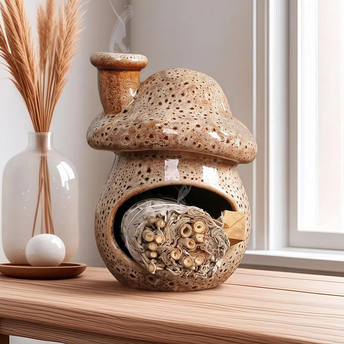 Mushroom Incense Holder, Ceramic Palo Santo Holder Burner & Sage Holder - Mini Tabletop Chiminea Burner Tray with Ash Catcher, Cute Mushroom Decorations for Spiritual Meditation & Yoga