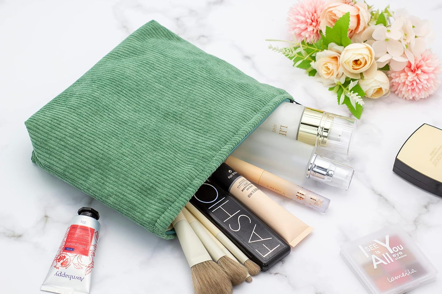 PAZIMIIK Makeup Bag Large Zipper Corduroy Make Up Pouch for Purse Travel Canvas Cosmetic Organizer for Women Brush Storage,Green