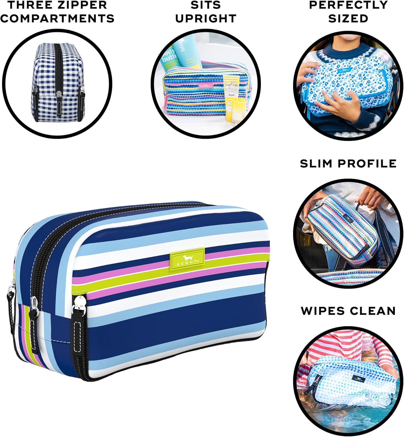 SCOUT 3-Way Toiletry Bag - Travel Makeup Pouch for Women with Three Zipper Compartments - Stands Upright, Wipes Clean