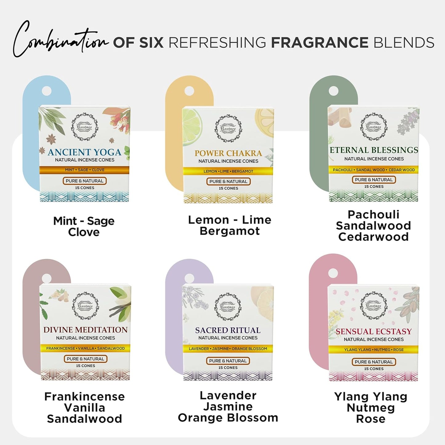 Raajsee Natural Incense Cones,6 Pack Mixed Scents Gift Pack 15 pc Each (90 Total), Insense Cones Variety Pack, 100% Organic Non Toxic Natural - Hand Rolled Free from Chemicals (Pack 3)