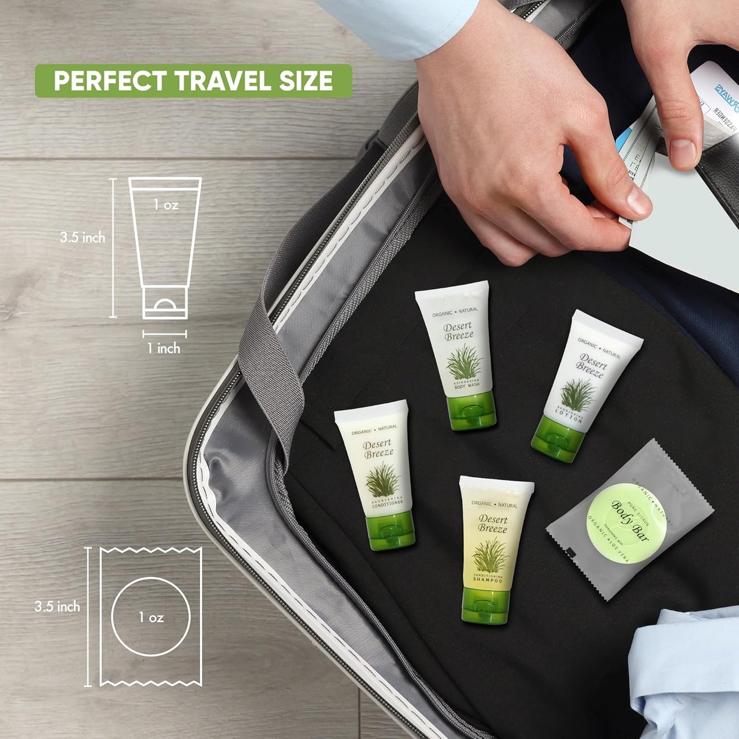 Desert Breeze Hotel Soaps and Toiletries Bulk Set | 1oz Hotel Shampoo & Conditioner, Body Wash, Body Lotion & Bar Soap | Travel Size Toiletries 300 Pieces