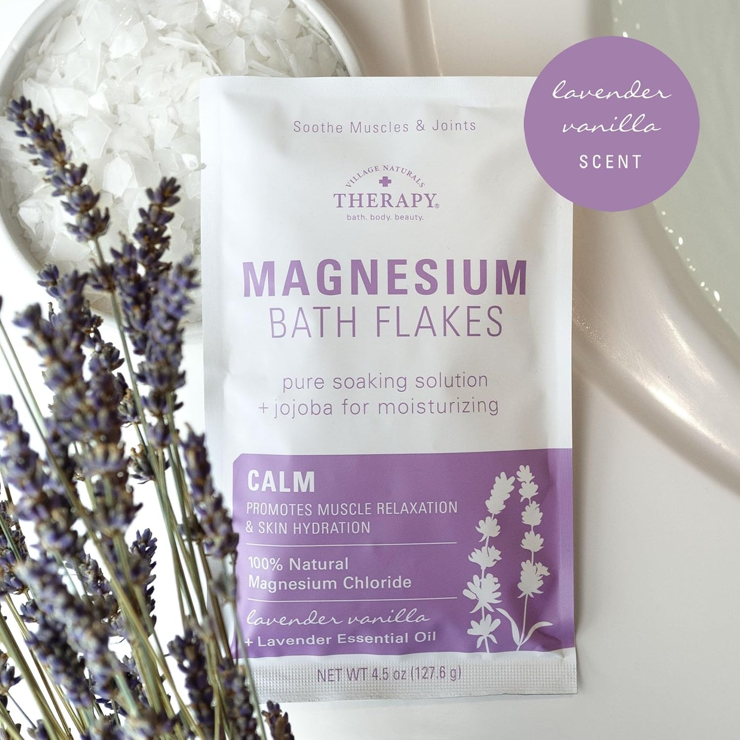 Village Naturals Therapy Calm Magnesium Bath Flakes, Lavender Vanilla Scent, 4.5 oz, Pack of 10
