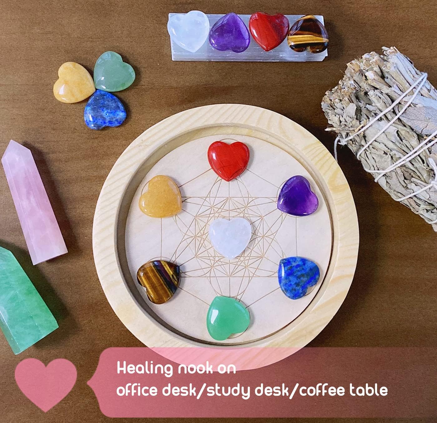 7 PCS Chakra Heart Crystals Pocket Natural Stones Polished Amethyst Palm Assorted Healing Crystal Love Shaped Gemstones 0.8" Set Reiki Energy Balancing Meditation Mother's Day Gift