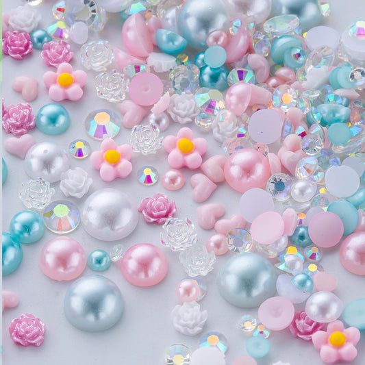 160g Cyan Pink Flat Back Pearls Rhinestones for Crafts Mixed Size 3mm-10mm AB Color Round Half Pearls Flatback Pearl Beads and Resin Rhinestones Set for Face Art